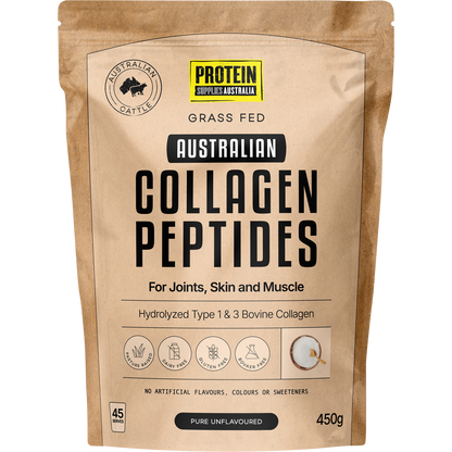 450g tub of Protein Supplies Australia Australian Collagen Peptides Pure Unflavoured on a white background.