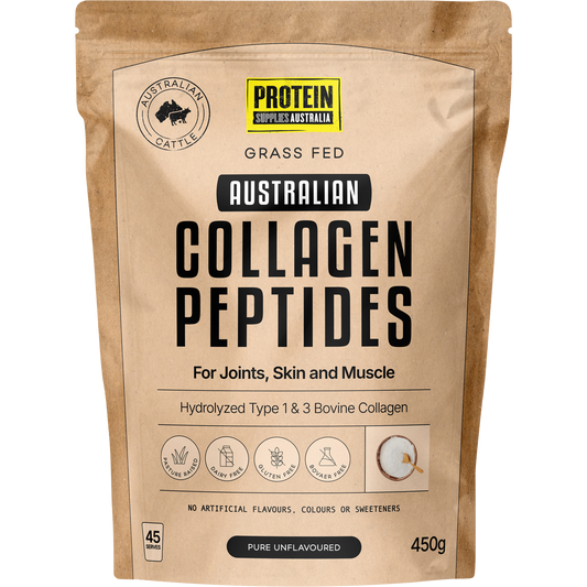 450g tub of Protein Supplies Australia Australian Collagen Peptides Pure Unflavoured on a white background.
