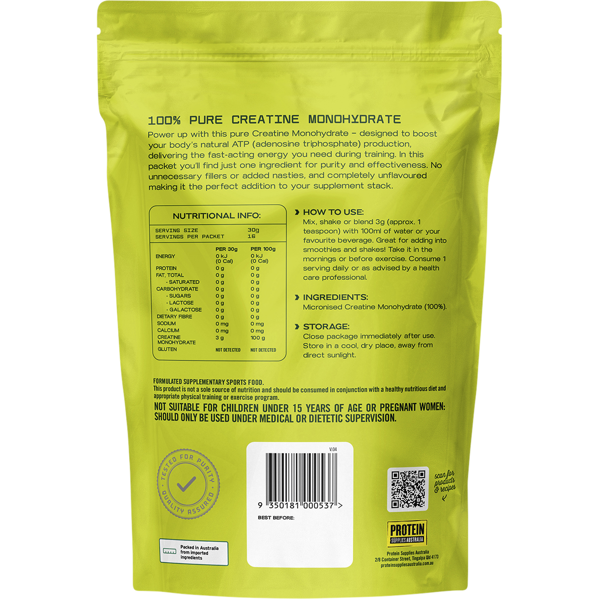Back of 200g Protein Supplies Australia Creatine Pure tub showing nutritional info and directions on a white background.