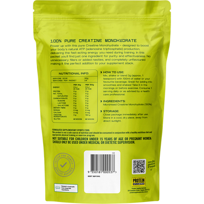 Back of 200g Protein Supplies Australia Creatine Pure tub showing nutritional info and directions on a white background.