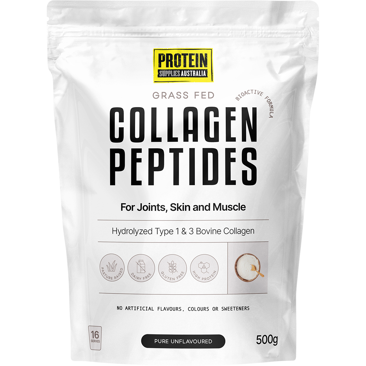 500g bag of Protein Supplies Australia Collagen Peptides Pure Unflavoured with a clean white and blue label.