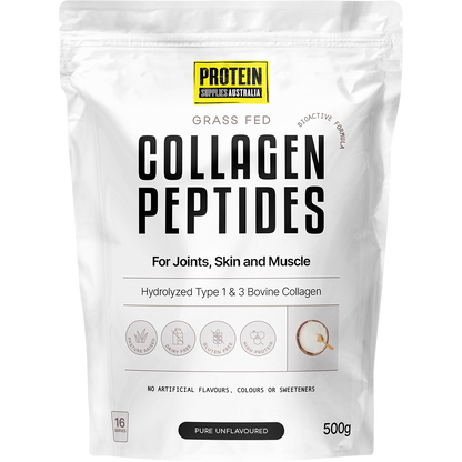 500g bag of Protein Supplies Australia Collagen Peptides Pure Unflavoured with a clean white and blue label.