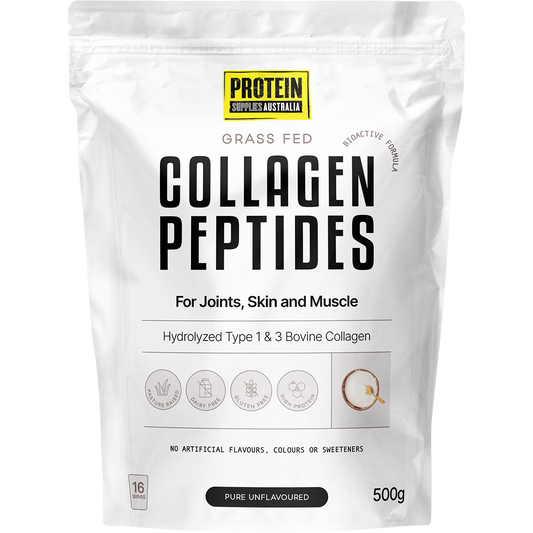 500g bag of Protein Supplies Australia Collagen Peptides Pure Unflavoured with a clean white and blue label.