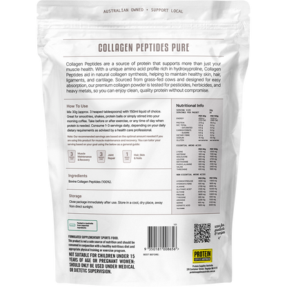 Back of 500g Protein Supplies Australia Collagen Peptides bag with nutritional information on a white background.