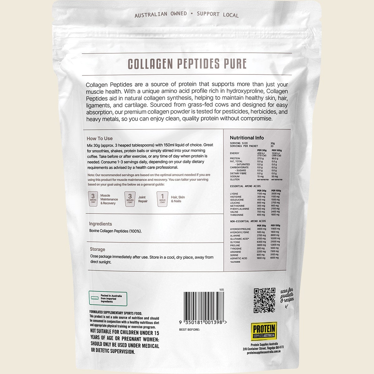 Back of 1kg Protein Supplies Australia Collagen Peptides tub showing nutritional information and directions.