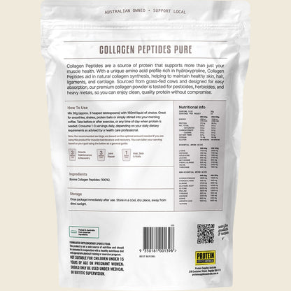 Back of 1kg Protein Supplies Australia Collagen Peptides tub showing nutritional information and directions.