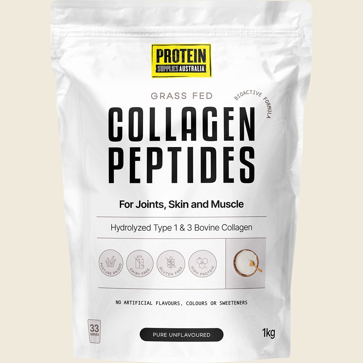 1kg tub of Protein Supplies Australia Pure Collagen Peptides, unflavoured grass-fed bovine protein on a white background.