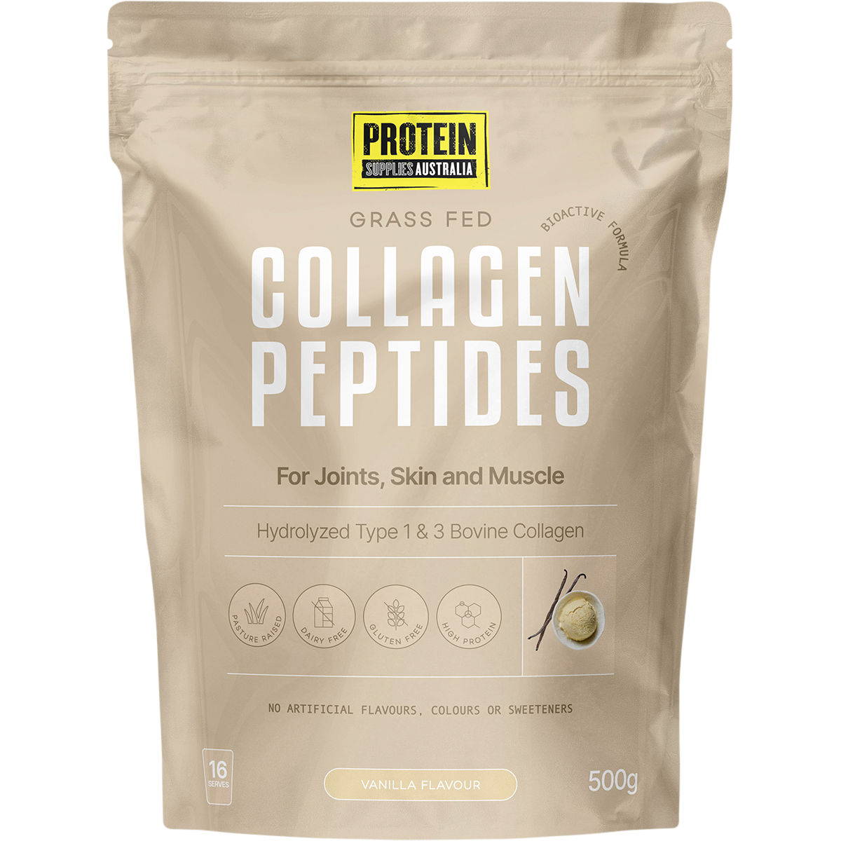 500g tub of Protein Supplies Australia Collagen Peptides Vanilla with a white label and botanical illustrations.