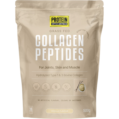500g tub of Protein Supplies Australia Collagen Peptides Vanilla with a white label and botanical illustrations.