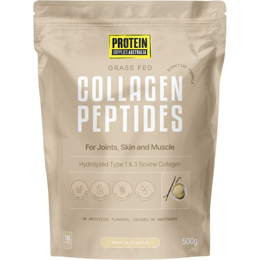 500g tub of Protein Supplies Australia Collagen Peptides Vanilla with a white label and botanical illustrations.