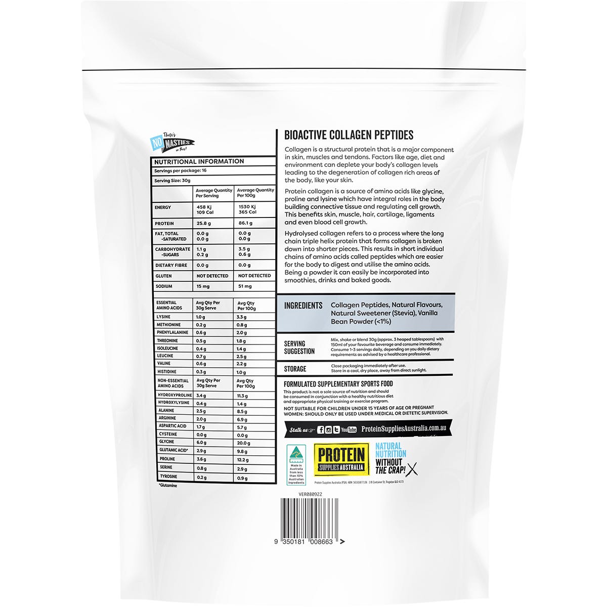 Protein Supplies Australia Collagen Vanilla 500g