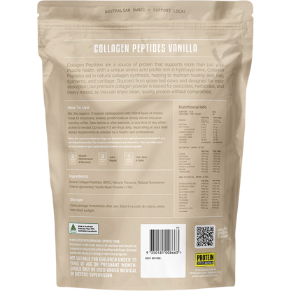 Rear view of Collagen Peptides Vanilla 500g tub with nutritional information, ingredients, and directions for use.