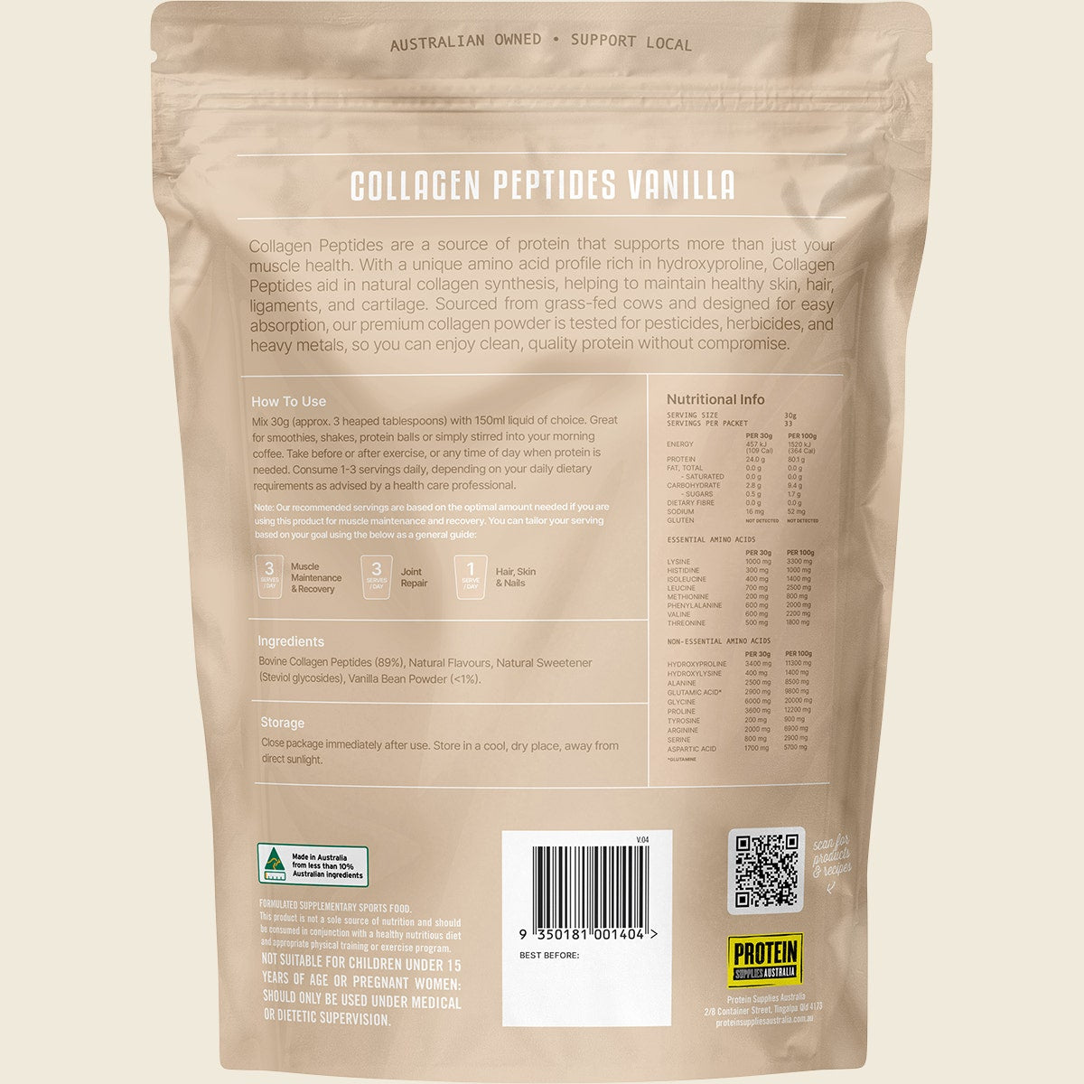 Back of 1kg Protein Supplies Australia Collagen Peptides Vanilla tub with nutritional info and botanical art.