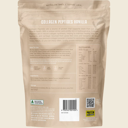 Back of 1kg Protein Supplies Australia Collagen Peptides Vanilla tub with nutritional info and botanical art.