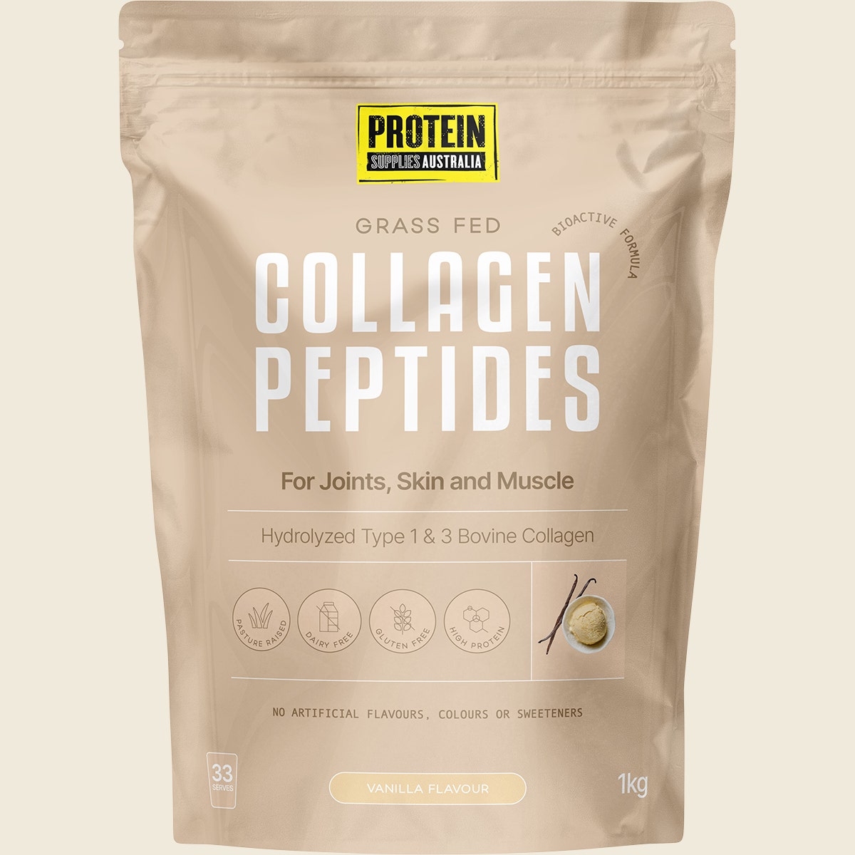 1kg tub of Protein Supplies Australia Collagen Peptides Vanilla with botanical illustrations on a white background.