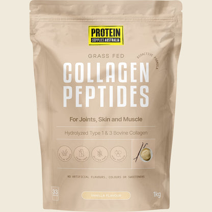 1kg tub of Protein Supplies Australia Collagen Peptides Vanilla with botanical illustrations on a white background.