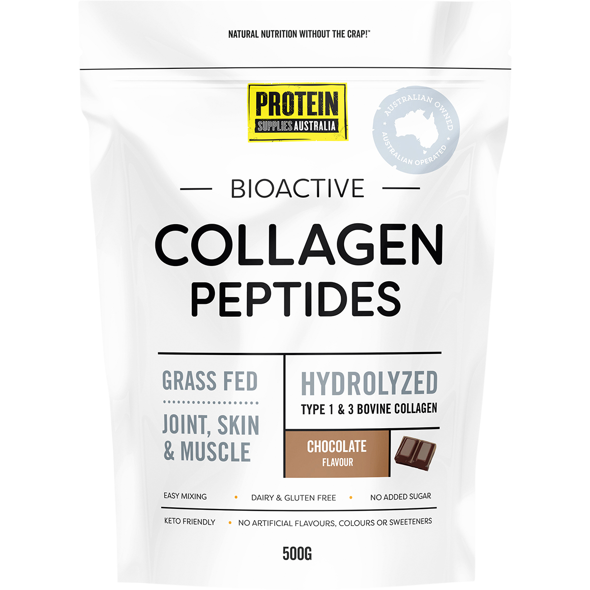 500g tub of Protein Supplies Australia Chocolate Collagen Peptides featuring a brown and white label.