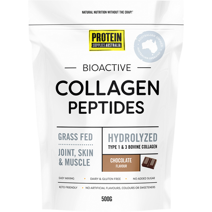 500g tub of Protein Supplies Australia Chocolate Collagen Peptides featuring a brown and white label.