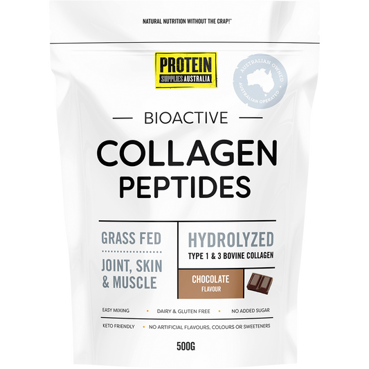 500g tub of Protein Supplies Australia Chocolate Collagen Peptides featuring a brown and white label.