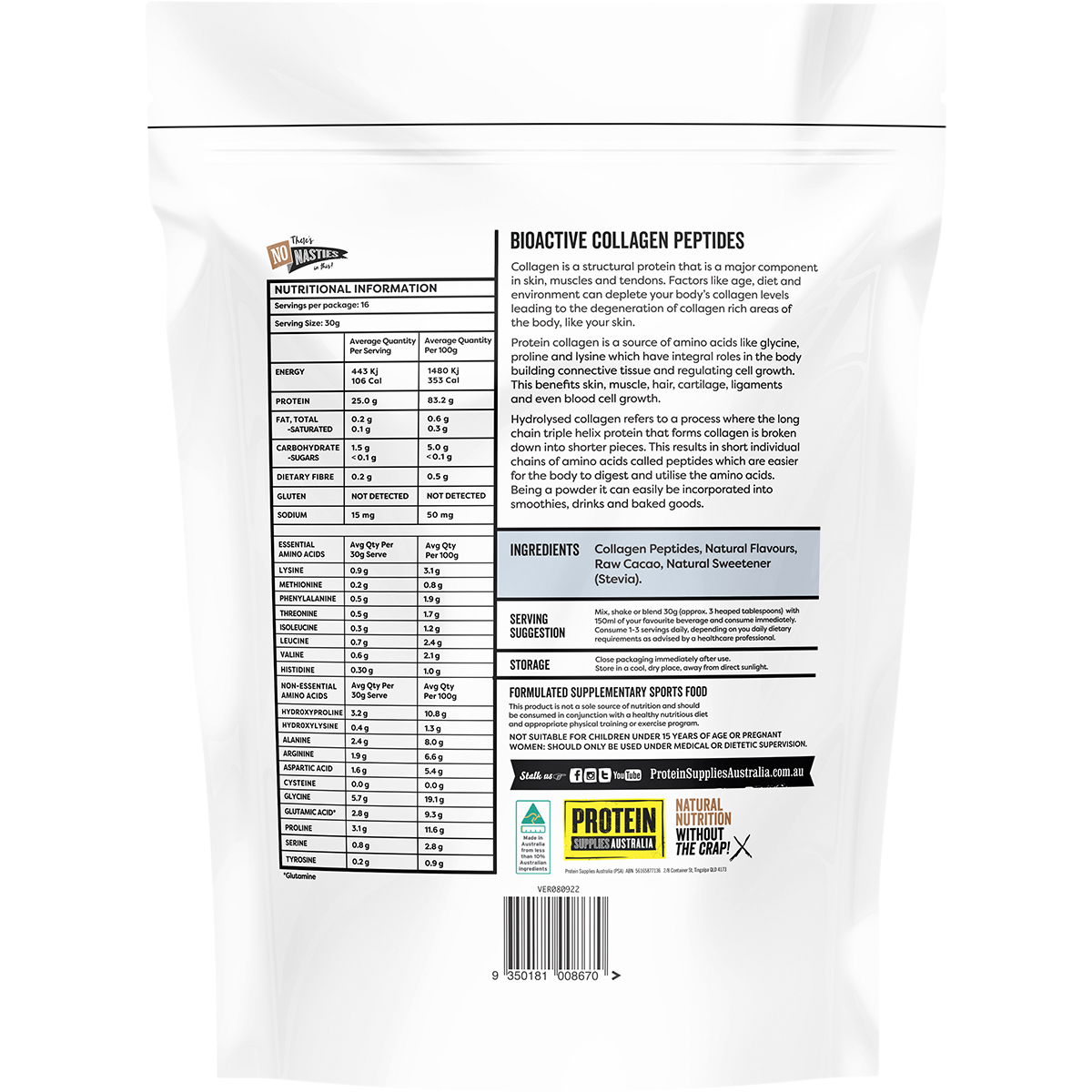 Back view of a 500g tub of Protein Supplies Australia Chocolate Collagen Peptides with nutritional information.