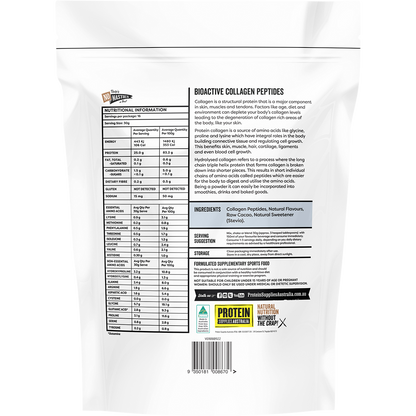 Back view of a 500g tub of Protein Supplies Australia Chocolate Collagen Peptides with nutritional information.