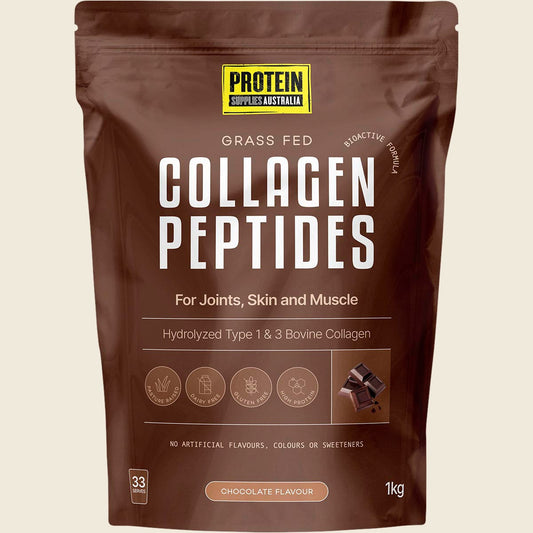 1kg bag of Protein Supplies Australia Collagen Peptides Chocolate with a brown and white label on a white background.