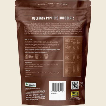 Back of 1kg Protein Supplies Australia Collagen Peptides Chocolate bag showing nutritional facts and ingredients.