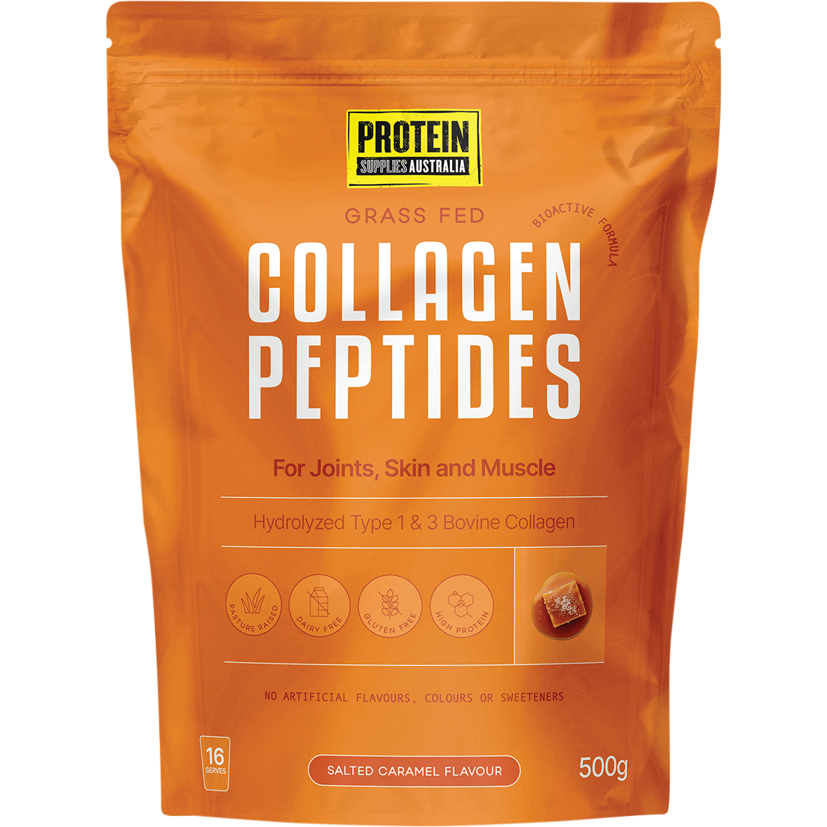 500g tub of Protein Supplies Australia Collagen Peptides Salted Caramel with a white and gold label.
