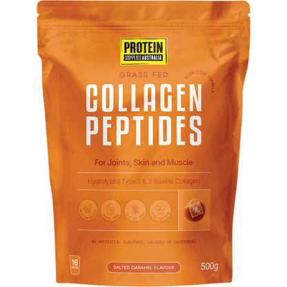 500g tub of Protein Supplies Australia Collagen Peptides Salted Caramel with a white and gold label.
