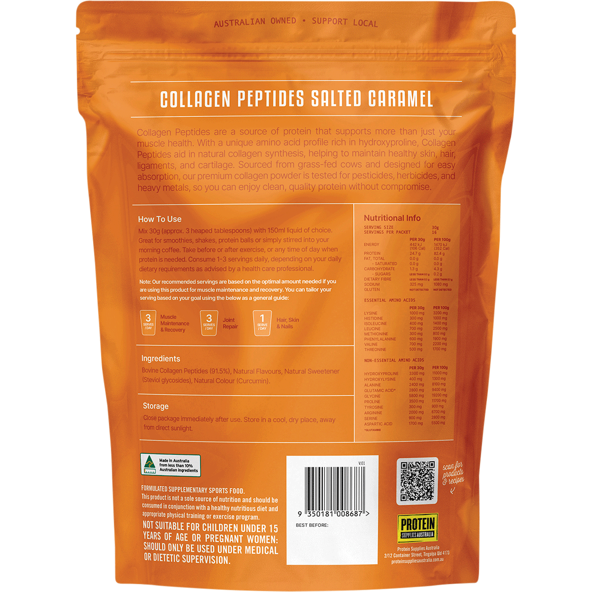 Back of Protein Supplies Australia Salted Caramel Collagen Peptides 500g tub with nutritional facts and ingredients.