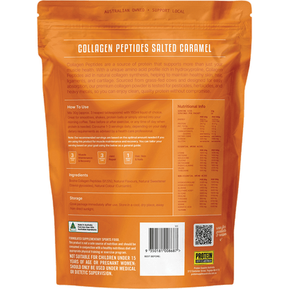 Back of Protein Supplies Australia Salted Caramel Collagen Peptides 500g tub with nutritional facts and ingredients.