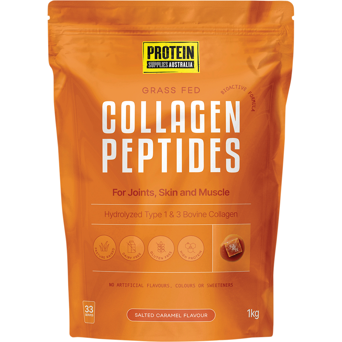 1kg bag of Protein Supplies Australia Collagen Peptides in Salted Caramel flavor on a white background.