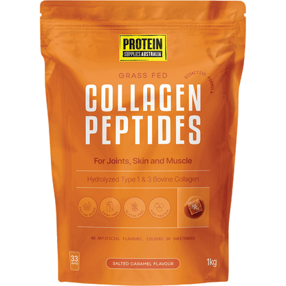 1kg bag of Protein Supplies Australia Collagen Peptides in Salted Caramel flavor on a white background.