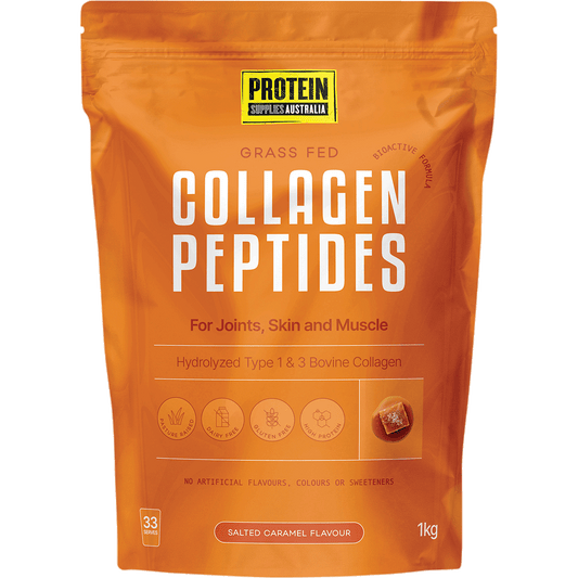 1kg bag of Protein Supplies Australia Collagen Peptides in Salted Caramel flavor on a white background.