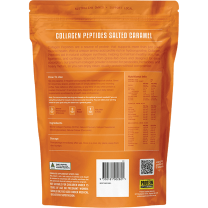 Back view of 1kg Salted Caramel Collagen Peptides bag featuring nutritional information and ingredients.