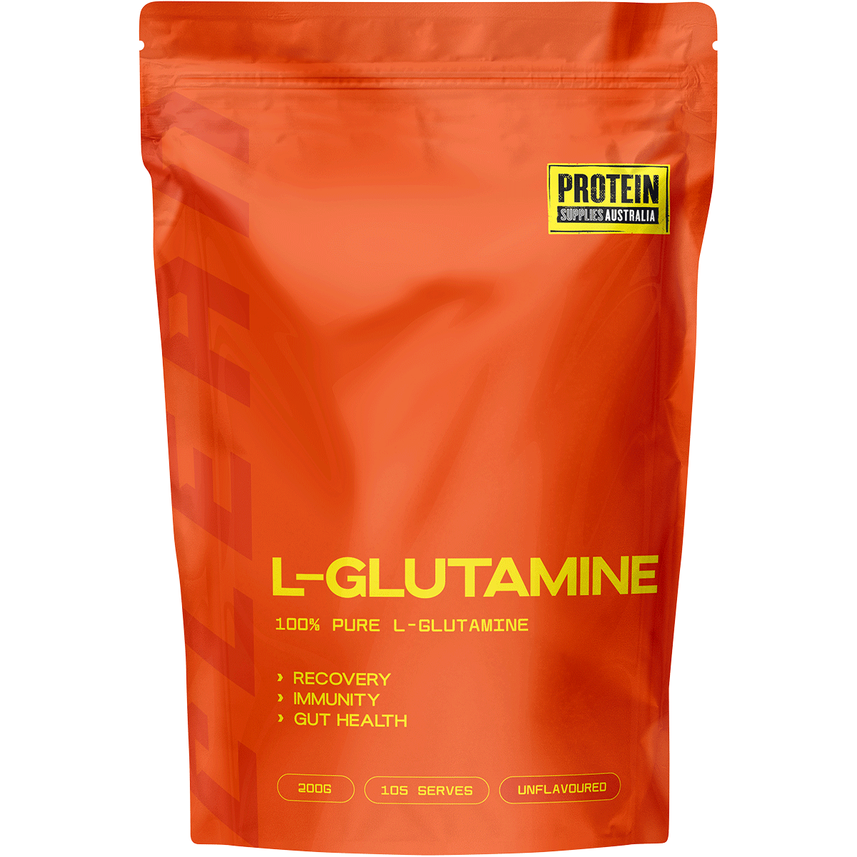 Protein Supplies Australia L-Glutamine Plant Based Pure 200g tub with green and white labels on a white background.