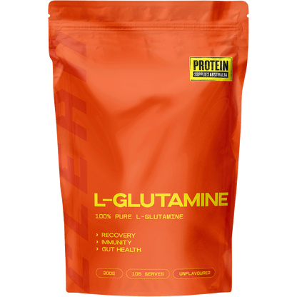 Protein Supplies Australia L-Glutamine Plant Based Pure 200g tub with green and white labels on a white background.
