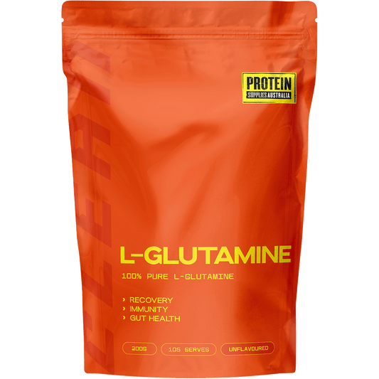 Protein Supplies Australia L-Glutamine Plant Based Pure 200g tub with green and white labels on a white background.