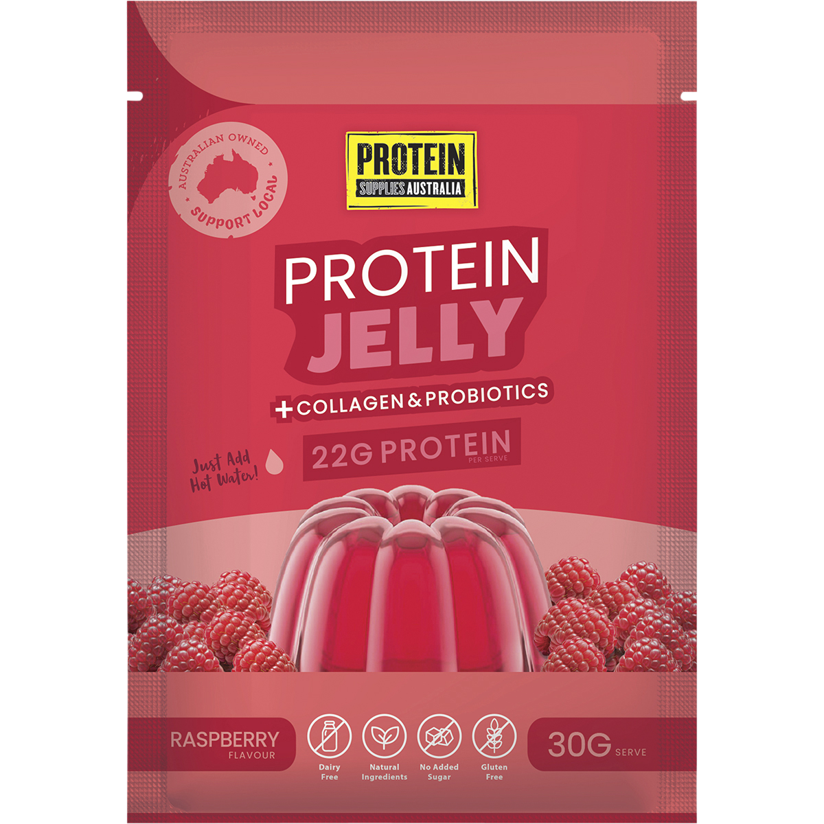 Protein Supplies Australia Raspberry Protein Jelly with Collagen 12x30g box featuring a raspberry illustration.