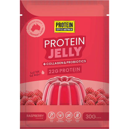 Protein Supplies Australia Raspberry Protein Jelly with Collagen 12x30g box featuring a raspberry illustration.
