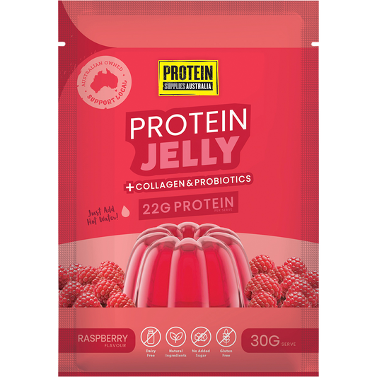 Protein Supplies Australia Raspberry Protein Jelly with Collagen 12x30g box featuring a raspberry illustration.