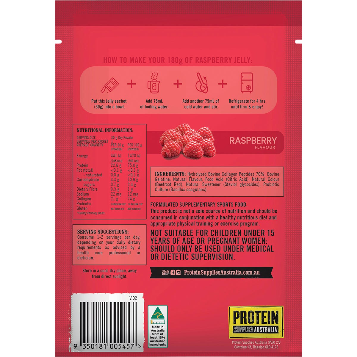 Protein Supplies Australia Protein Jelly with Collagen Raspberry 30g (Pack of 12)