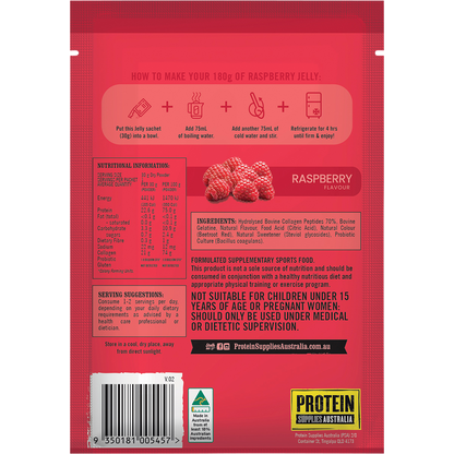 Back of a 30g Raspberry Protein Jelly with Collagen sachet showing nutritional information and preparation instructions.