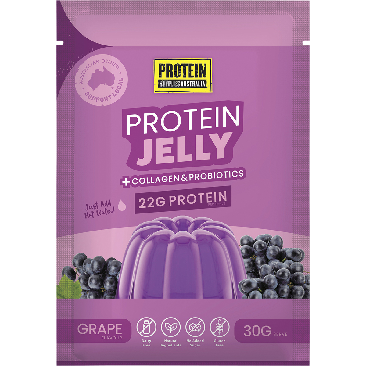 Grape flavored Protein Supplies Australia Protein Jelly with Collagen 12x30g box with a bowl of purple jelly.