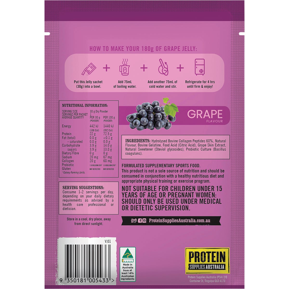 Protein Supplies Australia Protein Jelly with Collagen Grape 30g (Pack of 12)