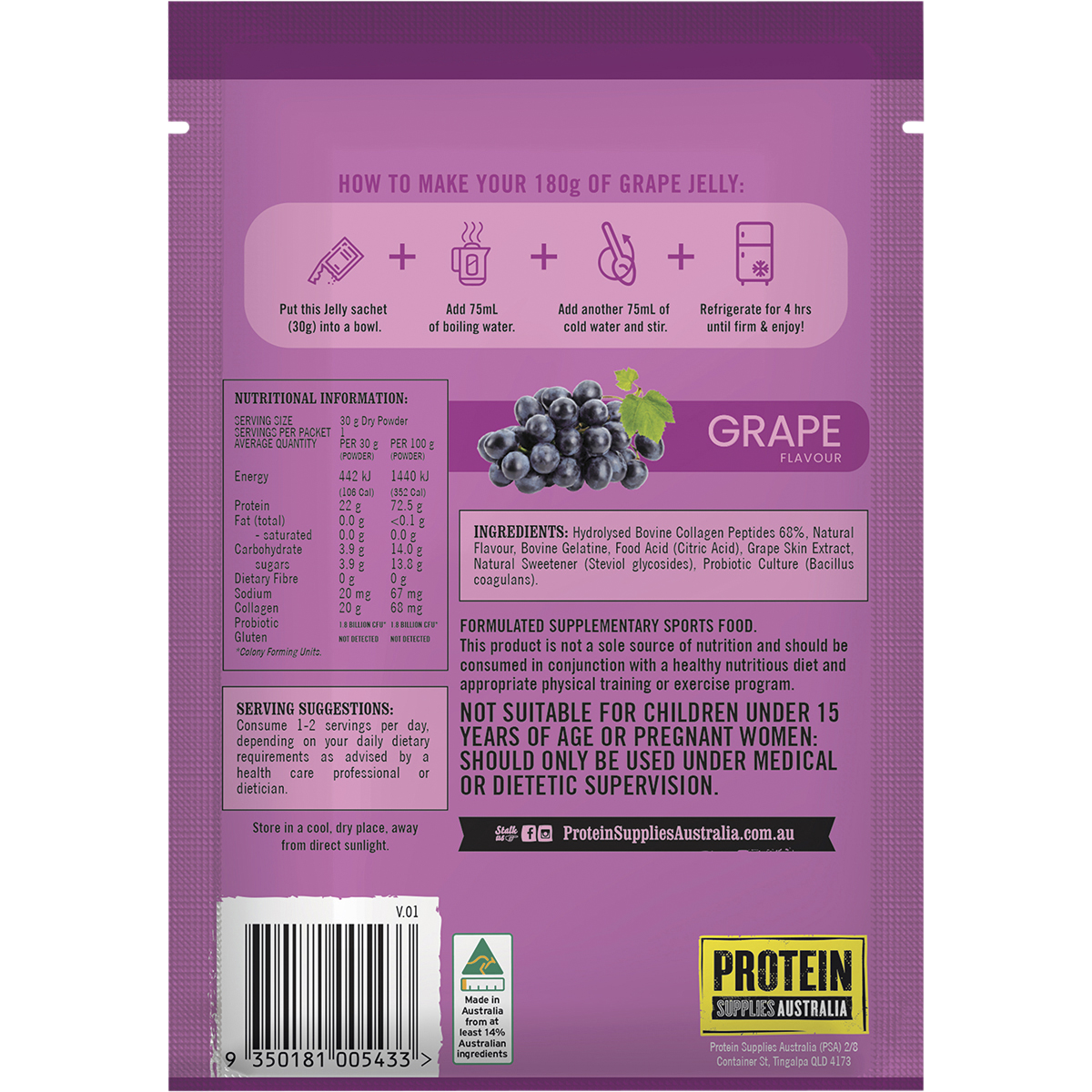 Back of Grape Protein Jelly 12-pack box with nutrition facts, ingredients, and preparation instructions.