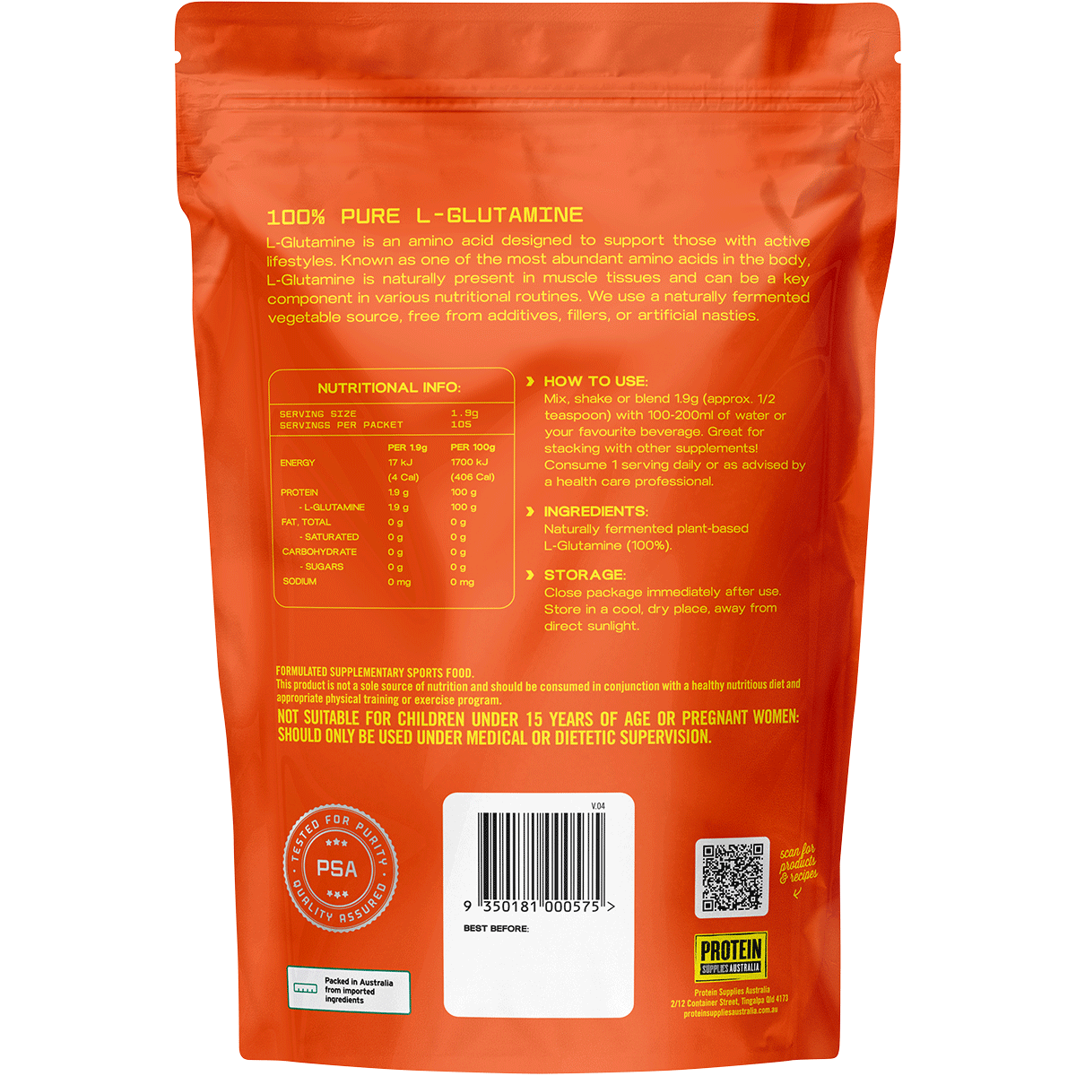 Back of Protein Supplies Australia L-Glutamine 200g tub showing nutritional facts and plant-based features.