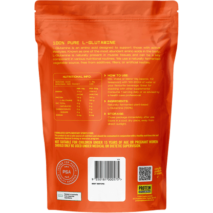 Back of Protein Supplies Australia L-Glutamine 200g tub showing nutritional facts and plant-based features.