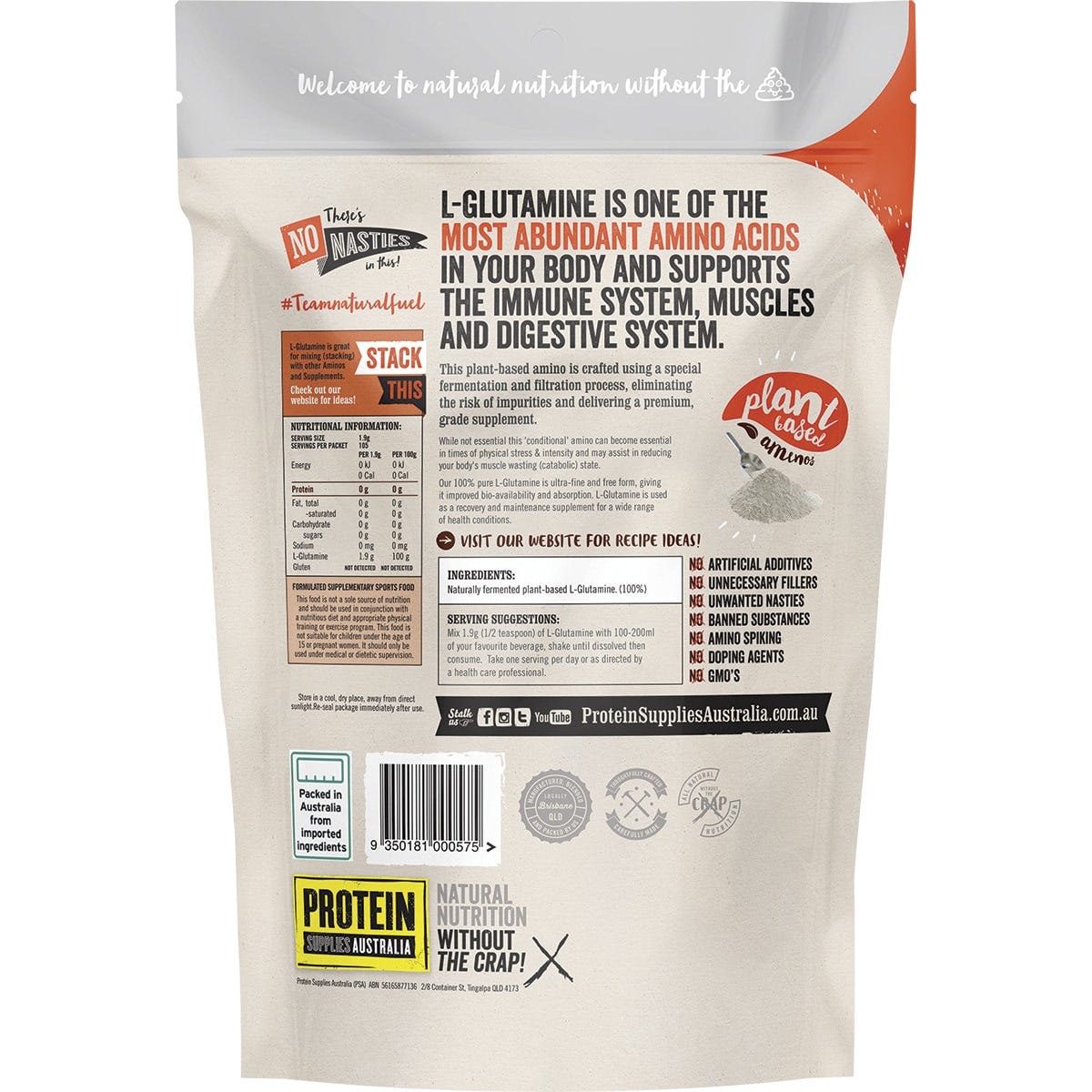Protein Supplies Australia L-Glutamine Plant Based Pure 200g