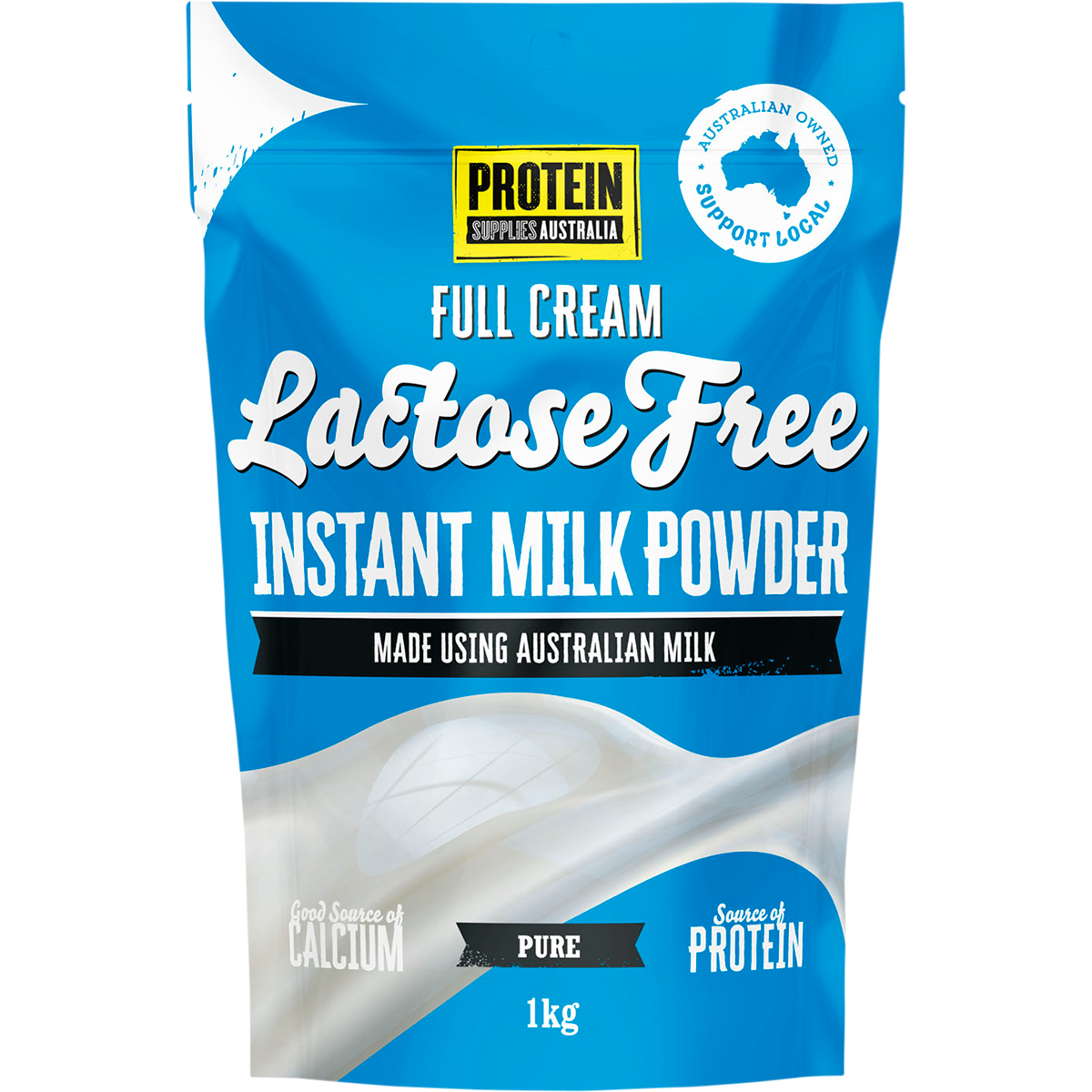 1kg tub of Protein Supplies Australia Lactose Free Instant Milk Powder with blue and white branding.